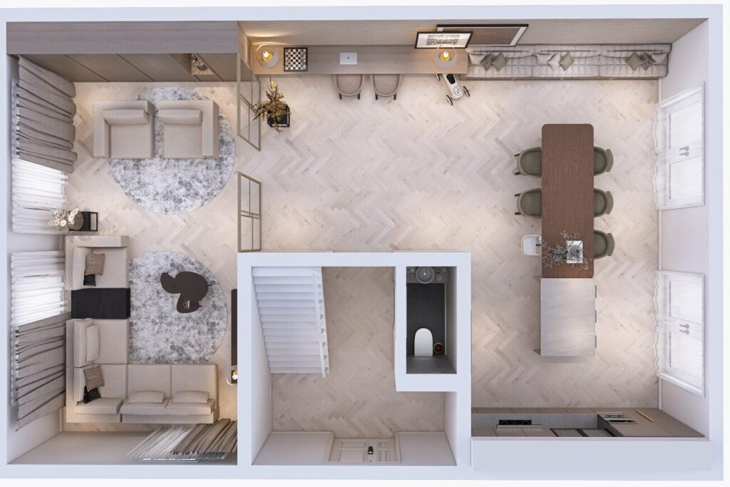 Plattegrond eensgezinswoning - interieurontwerp 3D met meubelplan - Zizeau - Hometolife3D