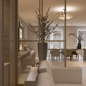 Interieurontwerp en indeling woonkamer, keuken en eetkamer.