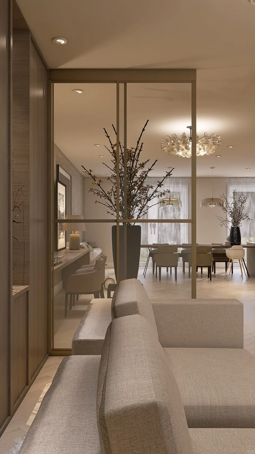 Interieurontwerp en indeling woonkamer, keuken en eetkamer.