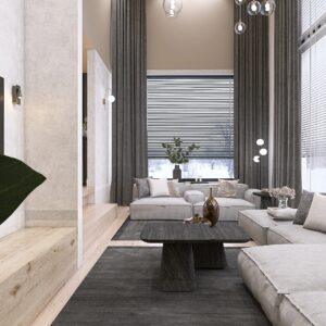 Interieurontwerp 3D woonkamer keuken met verschillende vloerhoogtes