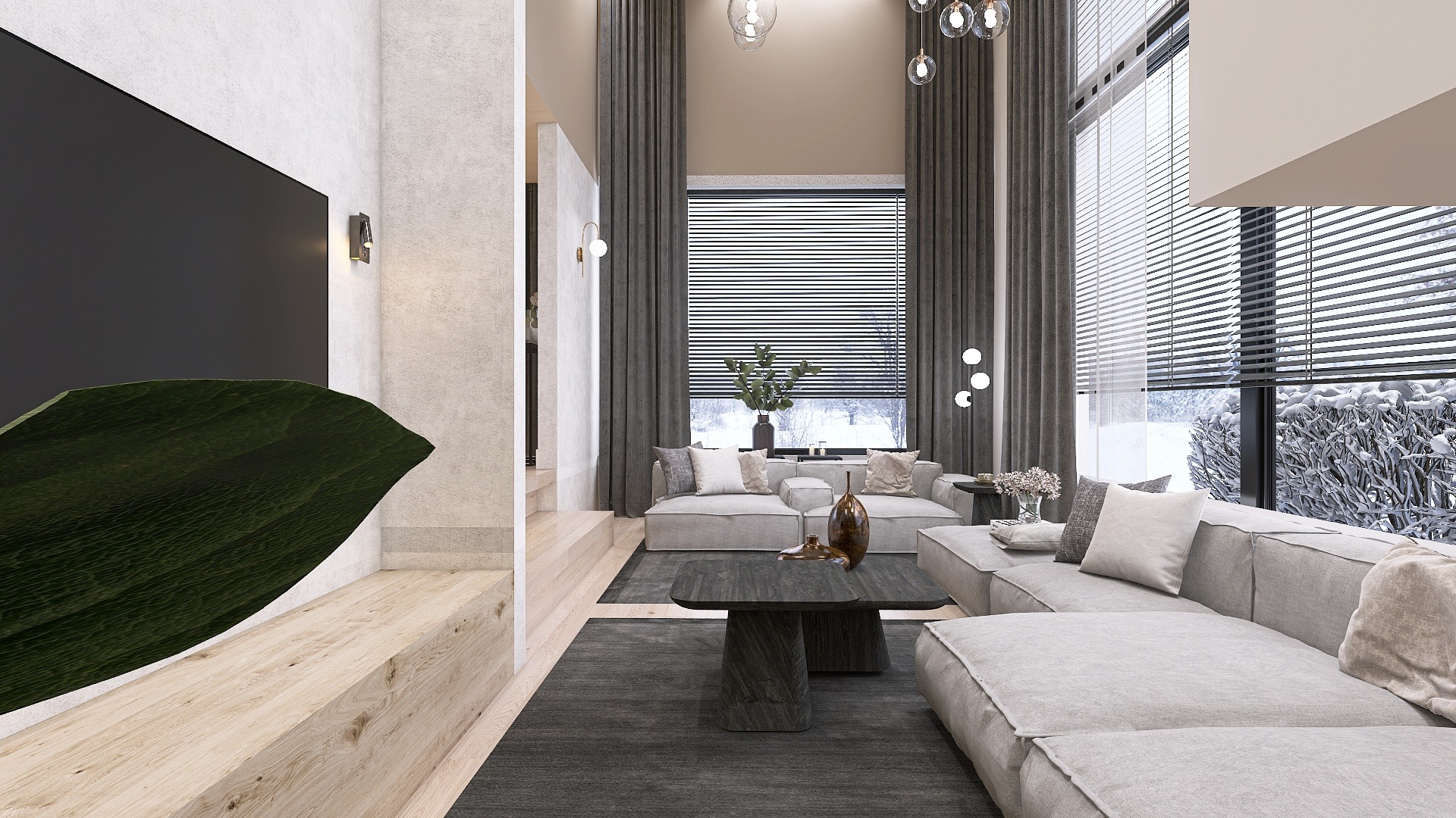 Interieurontwerp 3D woonkamer keuken met verschillende vloerhoogtes