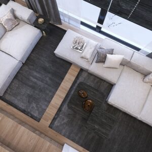 Interieurontwerp 3D woonkamer keuken met verschillende vloerhoogtes