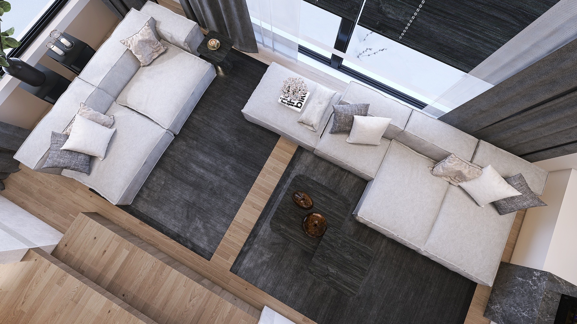 Interieurontwerp 3D woonkamer keuken met verschillende vloerhoogtes