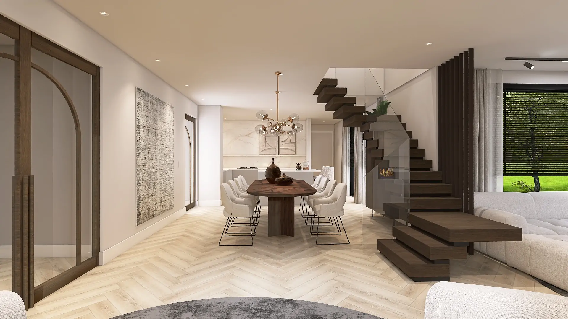 Interieurontwerp in 3D met Hometolife3D | Betaalbaar interieurontwerp | Jesper Home, Lijn M deuren, Montinique visgraat pvc vloer, Table Du Sud tafel, Sevn Bank, Arte Wallcovering