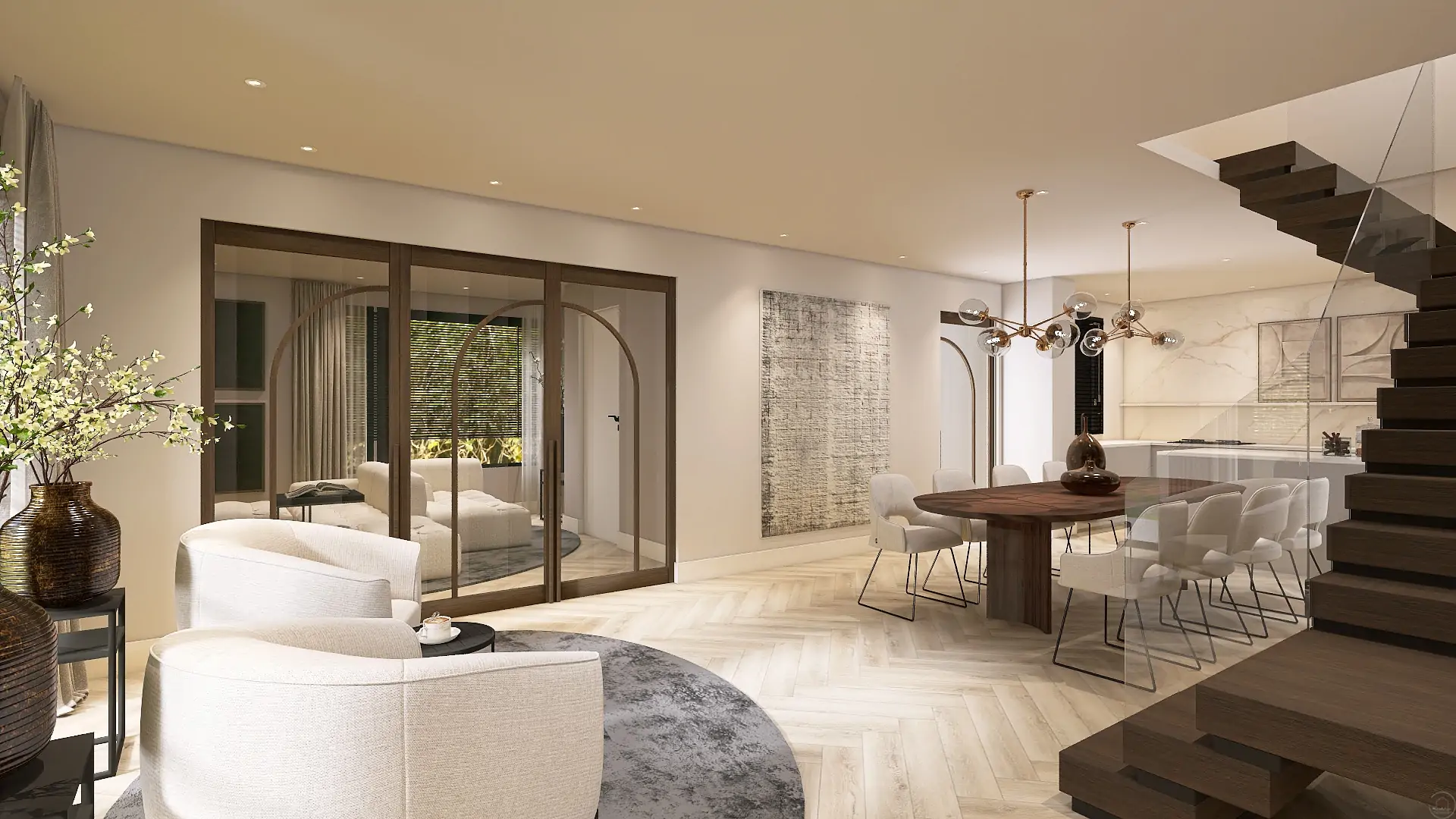 Interieurontwerp in 3D met Hometolife3D | Betaalbaar interieurontwerp | Jesper Home, Lijn M deuren, Montinique visgraat pvc vloer, Table Du Sud tafel, Sevn Bank, Arte Wallcovering