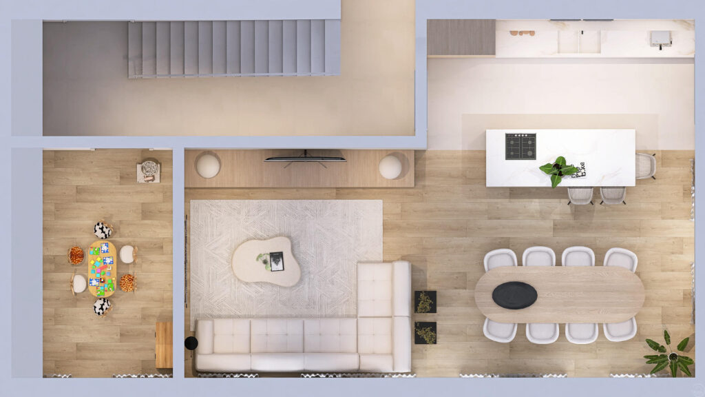 Plattegrond interieurontwerp 3D eensgezinswoning - woonkeuken ontwerp - Forme - Jesper - Richmond Interiors - Sevn - Arte Wallcovering - Hometolife3D
