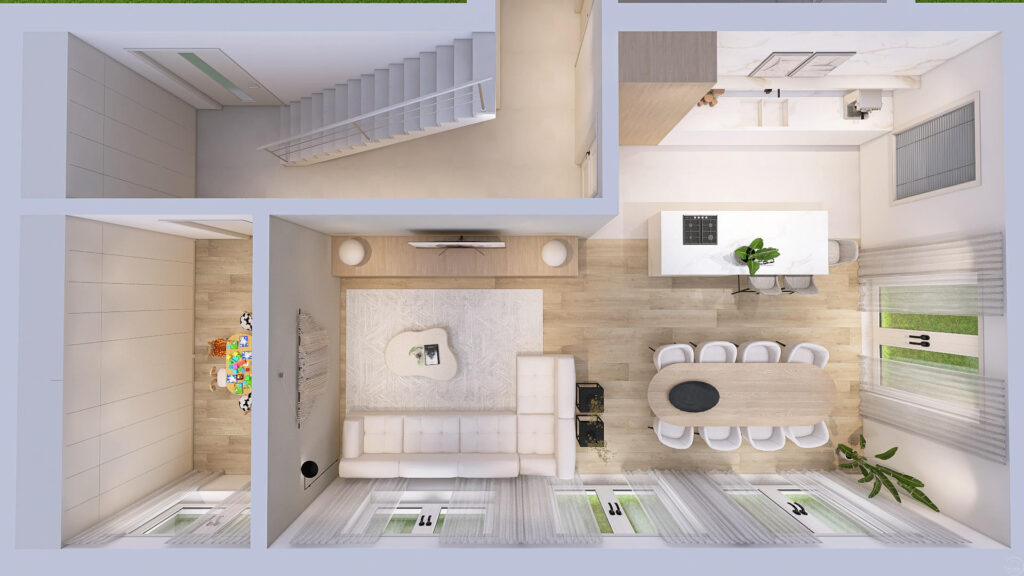 Plattegrond interieurontwerp 3D eensgezinswoning - woonkeuken ontwerp - Forme - Jesper - Richmond Interiors - Sevn - Arte Wallcovering - Hometolife3D