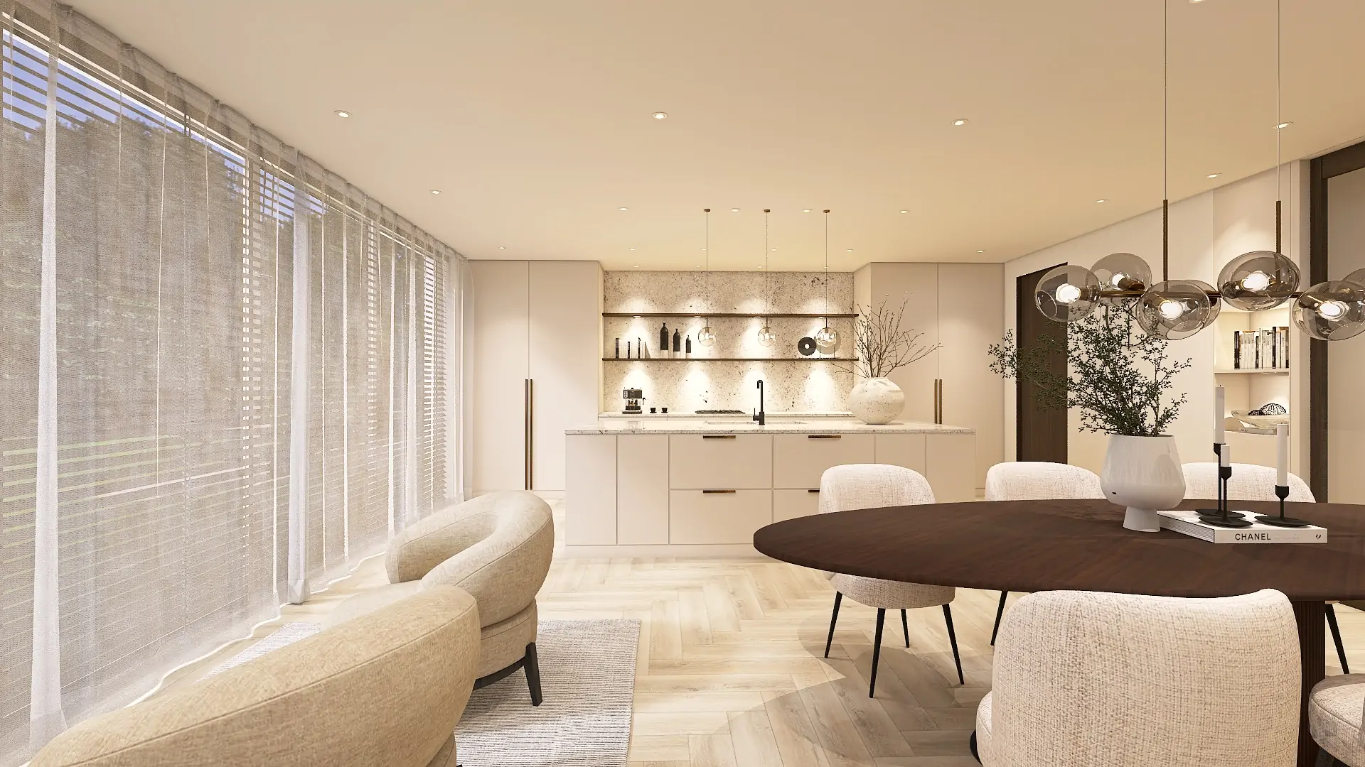 Één woning - 2 interieur concepten | interieur in natuurlijke materialen | 3D renders | Design van Hometolife3D | Afwerking: Consentino, Montinique vloeren, Arte Wallcovering, LabPaint | Meubels van: Richmond Interiors