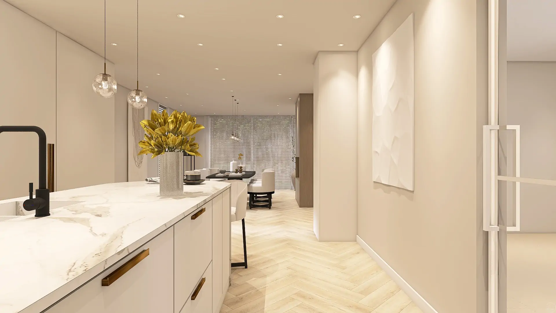 Één woning - 2 interieur concepten | interieur in natuurlijke materialen | 3D renders | Design van Hometolife3D | Afwerking: Consentino, Montinique vloeren, Arte Wallcovering, LabPaint | Meubels van: Passe Partout